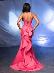 Glamrae Elegant And Shiny Woven Double Strap Bodice With Tied Back, Dramatic Layered Ruffle Decoration, Bodycon Fit, Floor-Length Mermaid Hem Dress For Graduation, Wedding, Vacation, Evening Party - Rose Red - View 1