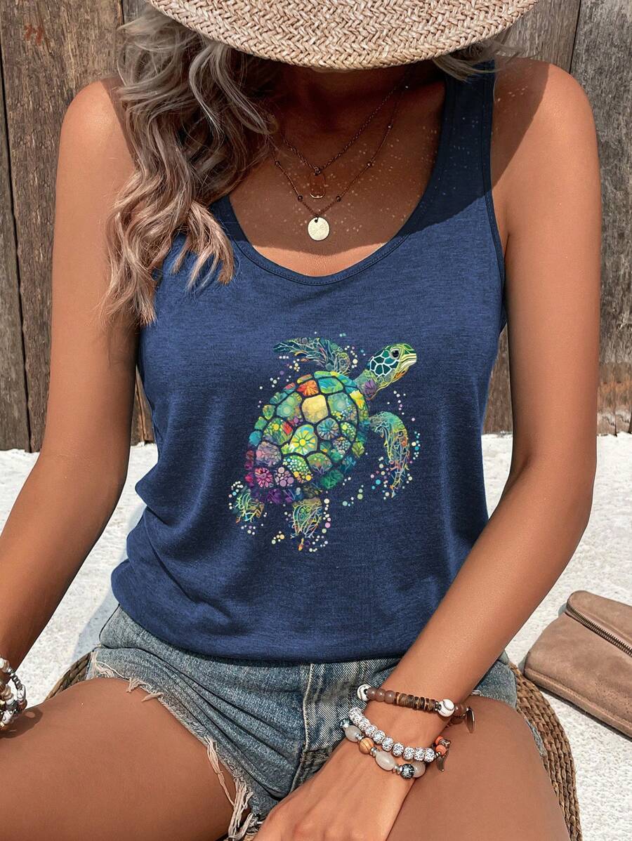SHEIN LUNE Women's Colorful Turtle Pattern Casual Tank Top