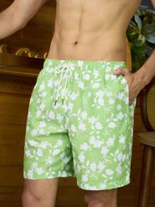 Genlund Men's Floral Printed Drawstring Wide-Leg Beach Shorts For Vacation - Green - View 4