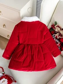 Young Girls' Simple Fluffy Collar Warm Padded Coat - Red - View 2