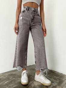EURMUSE 100%Cotton Women Casual Ripped Wide Leg Jeans - Dark Grey - View 4