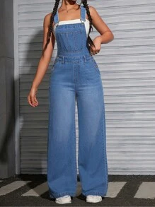 SHEIN EZwear Women Denim Overalls Casual Long Fashionable Bibs Adjustable Straps Blue - Blue - View 1