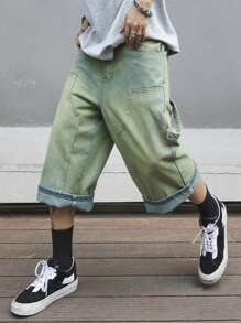 Manfinity Roghcode Men's Loose Fit Wide Leg Denim Capri Pants With Pockets - Blue - View 1