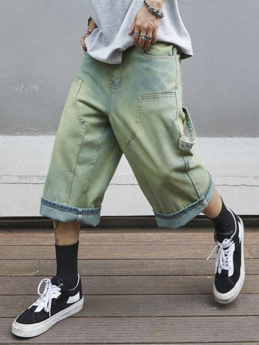 Manfinity Roghcode Men's Loose Fit Wide Leg Denim Capri Pants With Pockets - Blue - View 1