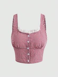 SHEIN Unity Conjunto Casual de Dois Peças: Top Camisole Xadrez Impresso Com Detalhes de Renda e Shorts de Cintura Elástica com Estampa Xadrez Impressa - Vermelho - Visão 4