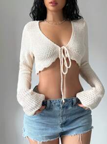 SHEIN Unity Spring/Summer Casual Solid Color Belted Cropped Cardigan,Long Sleeve Tops Fall Winter Cloth For Women - Apricot - View 6