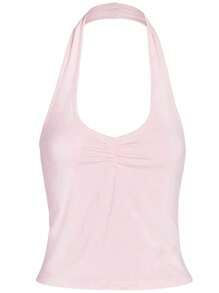 INAWLY Conjunto de 2 piezas para mujeres con top halter sin espalda de unicolor con pliegues y shorts con parches de encaje