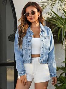 EMERY ROSE Women's Plain Casual Long Sleeve Denim Jacket - Light Wash - View 6