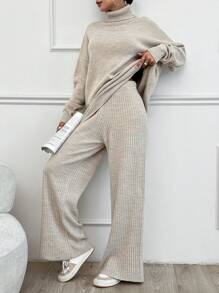 SHEIN Tall 2pcs High Neck Drop Shoulder Sweater And Ribbed Solid Color Sweater Pants, Tall Women - Beige - View 5