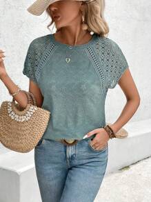 SHEIN Frenchy T-shirt décontracté pour femme à manches raglan courtes en dentelle de contraste col rond de couleur unie été