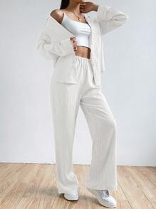 SHEIN EZwear Women's Plain And Simple Daily Wear Shirt And Long Pants Two-Piece Set - White - View 4