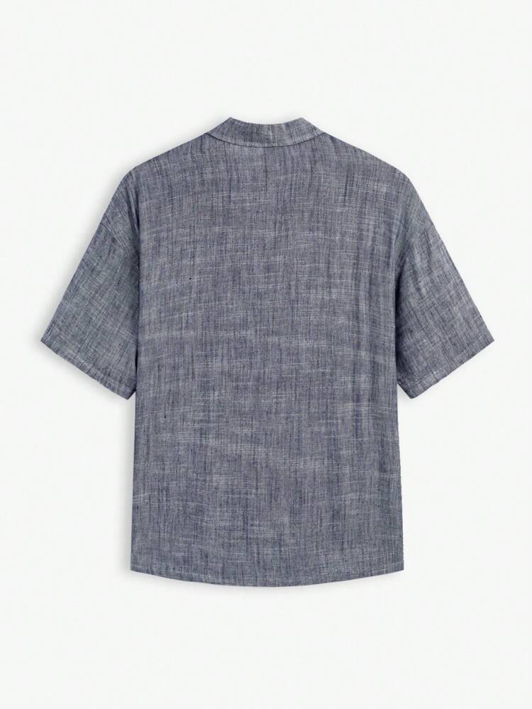 Linen Men's Woven Casual Short Sleeve Shirt With Stretchy  &  Blend Fabric, Patch Pocket Design, Fitted And Shoulder Seam Cuts, Fashionable Style, Suitable For Summer