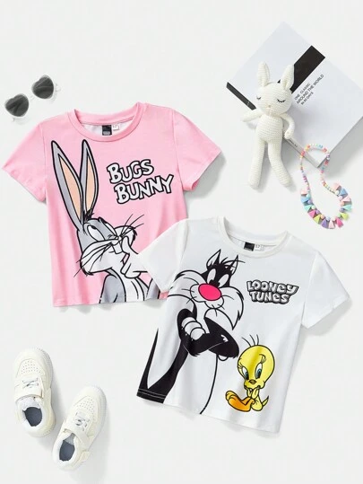 LOONEY TUNES X SHEIN 少女卡通字母印花休閒圓領短袖T恤，夏季