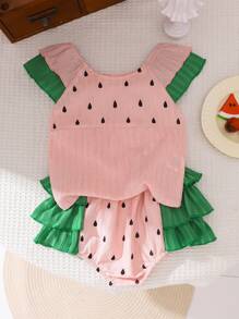 Ensemble de haut à volants à blocs de couleurs et de pantalon à volants imprimés pour bébés filles - Rose bonbon - Voir 3