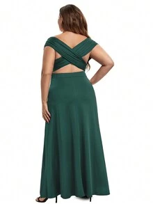 Plus Size Women Off-Shoulder Ruched Long Dress Elegant Summer - Green - View 6