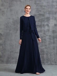 Women's Sleeveless Pleat Hem Chiffon Party Dress&Long  Sleeve Chiffon Cardigan