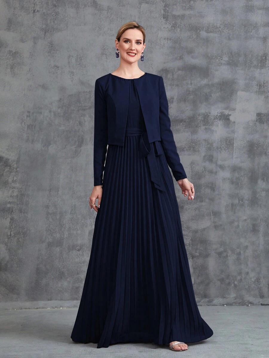 Women's Sleeveless Pleat Hem Chiffon Party Dress&Long  Sleeve Chiffon Cardigan