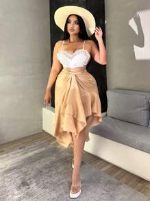 SHEIN Clasi 大尺碼純色扭結不對稱縫製夏季假日裙