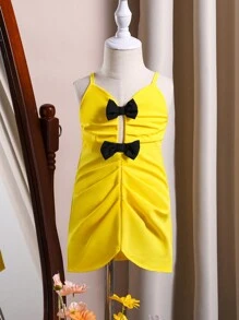 SHEIN 寶寶女孩優雅宮廷風蝴蝶結吊帶裙，適合春夏派對。 - 黃色 - 查看 1