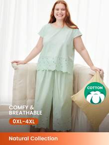 LUVLETTE Women Plus Green Wedding Essential Soft Cotton Embroidered Airy Pajama Sets Lounge Set For Women Lingerie As Outerwear - Mint Green - View 1