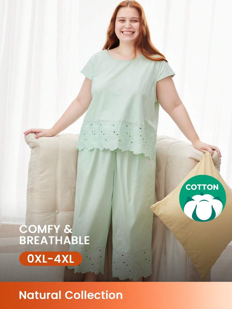 LUVLETTE Women Plus Green Wedding Essential Soft Cotton Embroidered Airy Pajama Sets Lounge Set For Women Lingerie As Outerwear - Mint Green - View 1