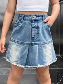 SHEIN Explorewe 女童休閒復古破邊褶皺牛仔裙 - 中等水洗藍 - 查看 3