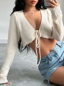 SHEIN Unity Spring/Summer Casual Solid Color Belted Cropped Cardigan,Long Sleeve Tops Fall Winter Cloth For Women - Apricot - View 4