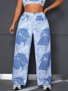SHEIN ICON Mode für Große Größen Bedruckte Wide Leg Jeans - Verschiedenfarbig - Übersicht 5