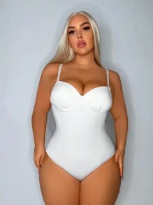 SHEIN SXY Plus Size Solid Color Slim Fit Bustier Slip Bodysuit For Summer - White - View 1