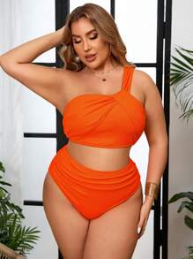 Swim Vcay Bộ đồ bơi Tankini màu trơn cổ bất đối xứng cỡ lớn đi biển mùa hè - Màu Cam cháy - Xem 4