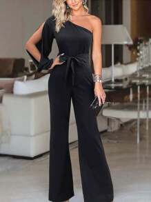 SHEIN Clasi 女性簡約夏季休閒單肩喇叭褲連體褲 - 黑色 - 查看 1