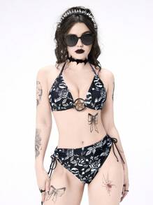 ROMWE Goth 女性夏季沙灘花卉印花領口綁帶性感比基尼套裝 - 黑與白 - 查看 1