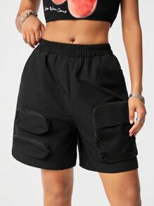 SHEIN EZwear Women's Multi-Pocket Zipper Casual Loose Street Style Solid Color Shorts For Spring/Summer - Black - View 1