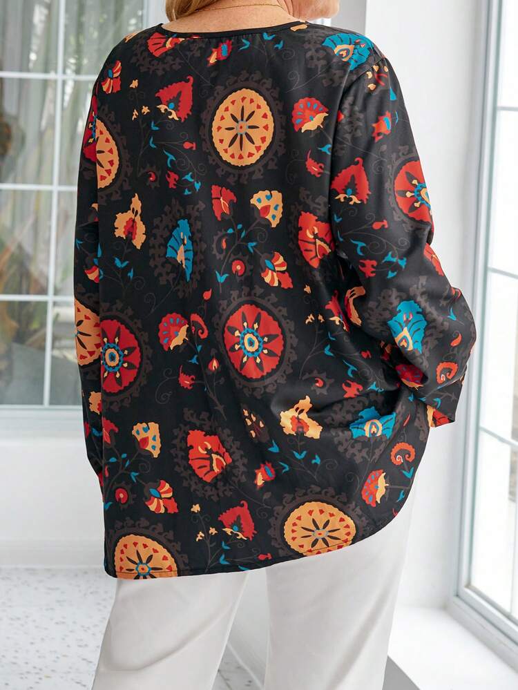 Plus Size Vacation Casual Flower Printed Long Sleeve Shirt