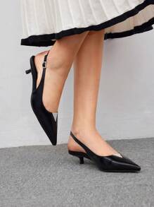 SheIn BIZ Women's Stylish Silver Pointed-Toe Low-Heeled Pumps - Black - View 4