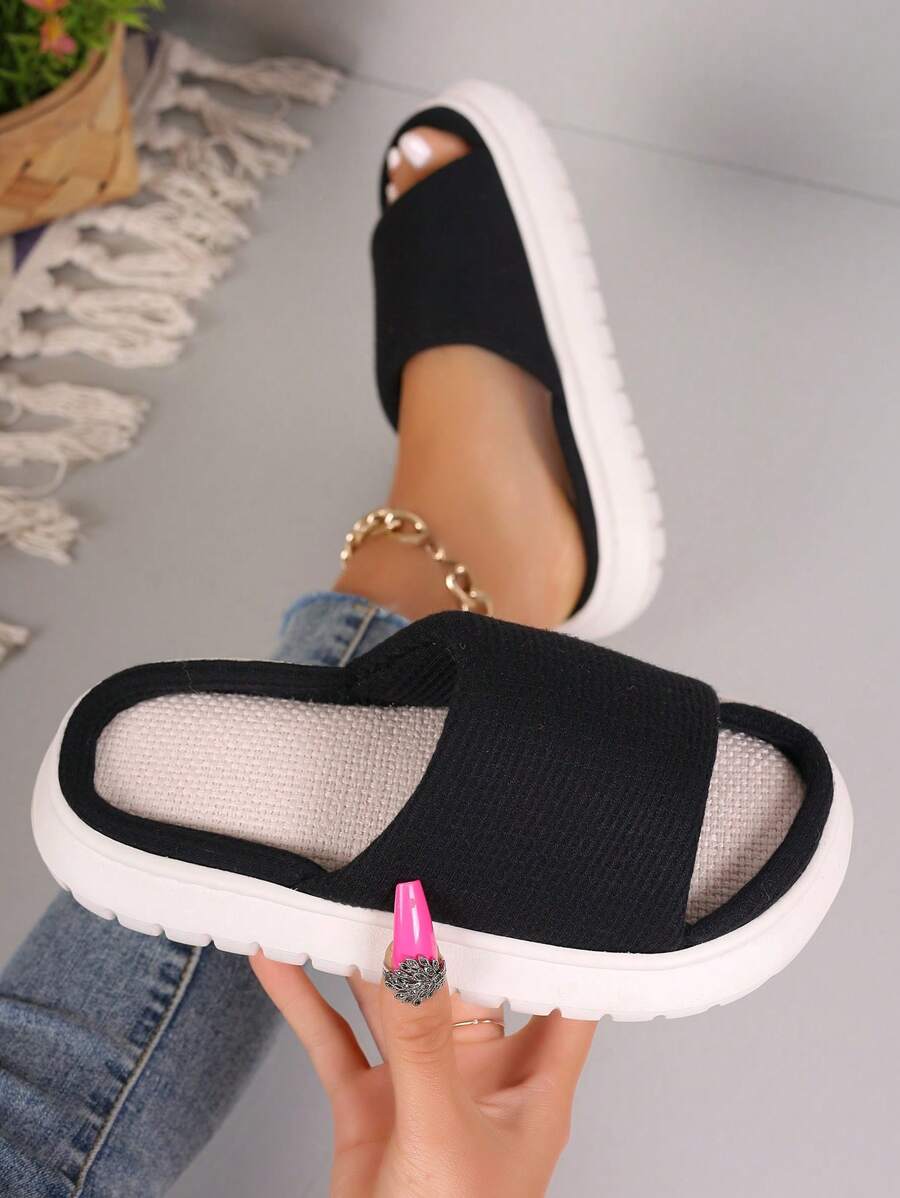 秋冬女士亚麻家居拖鞋，春夏新款透气防滑绑带拖鞋，情侣款休闲简约露趾家居鞋