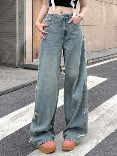 DAZY 女式高腰阔腿牛仔裤，口袋蝴蝶结装饰设计，宽松牛仔裤