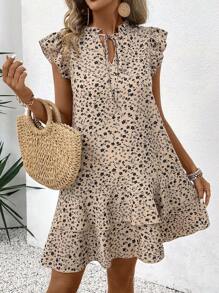 Chiquease 女士綁帶荷葉邊小花度假休閒連衣裙 - 卡其色 - 查看 1