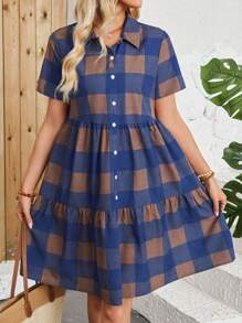 EMERY ROSE 女士夏季格紋印花荷葉邊短袖裙 - 彩色 - 查看 3