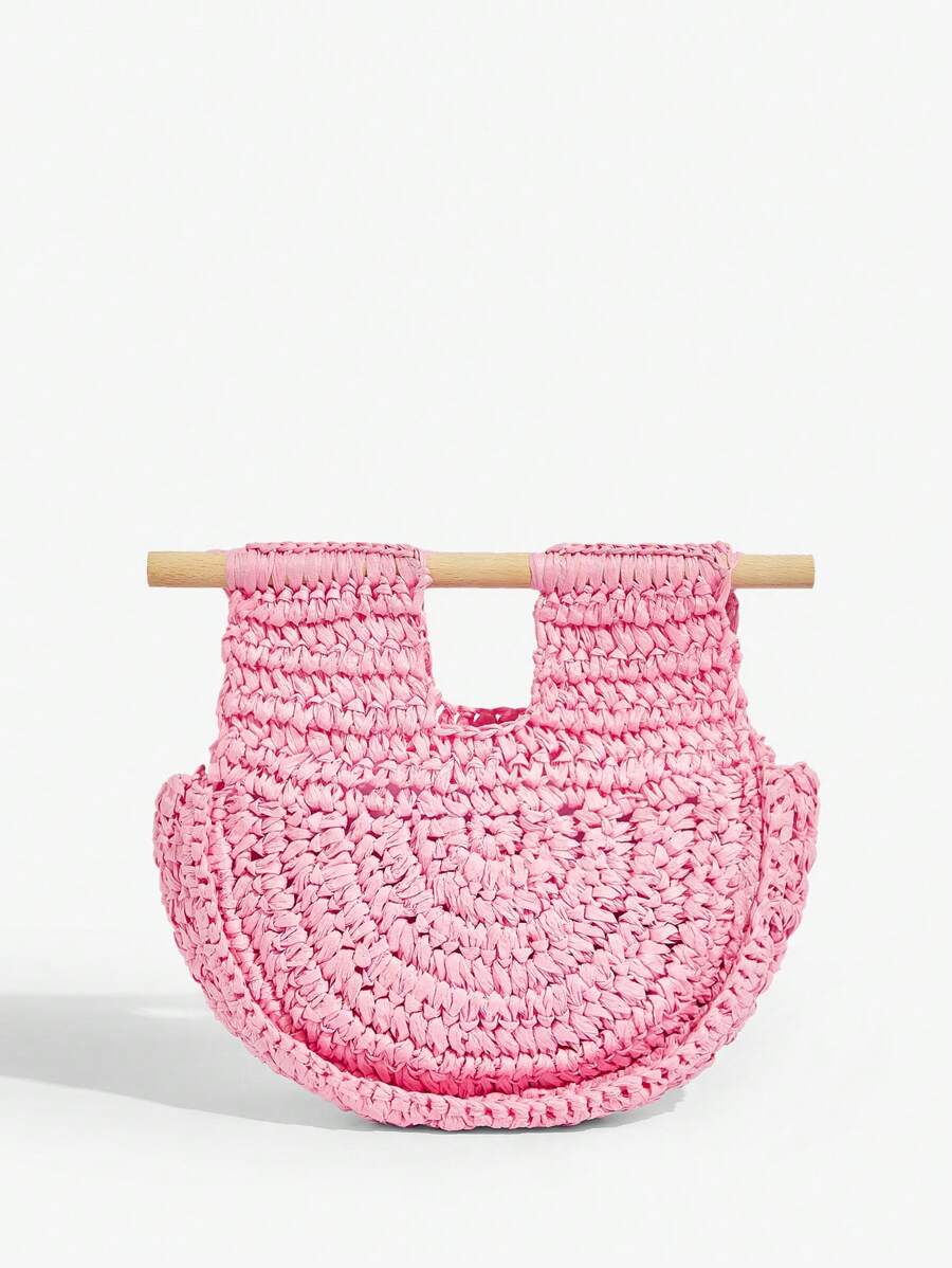 SHEIN SXY Sac fourre-tout à la mode pour femmes en paille tissée orange, idéal pour la plage, les vacances, l'été, les adolescents - Rose bonbon - Voir 1