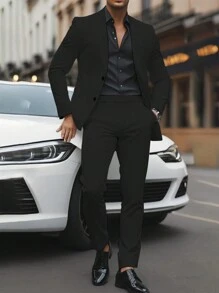 Manfinity Mode Men's Solid Color Buttoned Suit Jacket And Pocketed Dress Pants Business Suit Set - Black - View 6