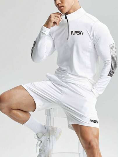 Manfinity Sport Corelite Boyfriend Style Men Shorts Set Boyfriend Style Men's Letter Print Half-Zipper Long Sleeve Top And Shorts Sports Set, Athletic Suit, Tracksuit  Workout Set  Workout Sets Soccer Clothes Soccer Gear Men Sport Wear Sports Dress Tennis Outfit Workout Set Fall Breathable