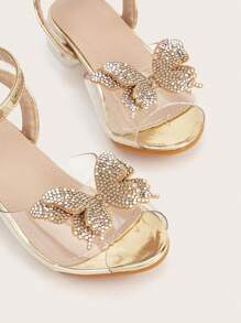 Girls' Chunky High-Heel Sandals, Golden Butterfly & Silver Rhinestone Embellished Shiny Shoes, For Spring/Summer/Autumn - Gold - View 6