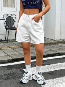 SHEIN EZwear 女款休閒寬鬆斜口口袋牛仔短褲，夏季款 - 白色 - 查看 3