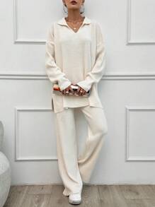 EURMUSE Plus 2pcs/Set Solid Color Turn-Down Collar Sweater And Long Pants Outfit - Apricot - View 4