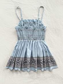 Soleia Women Geometric Print Camisole With Frill Trim And Ruffled Hem - Blue - View 2