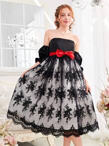 SHEIN Teen Girl Elegant Black And White Contrast With Red Bow Belt Sheer Embroidery Knit Strap Dress