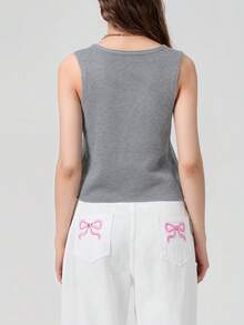 Women's Summer Solid Color Hollow Out Split Hem Knitted Vest - Grey - View 2