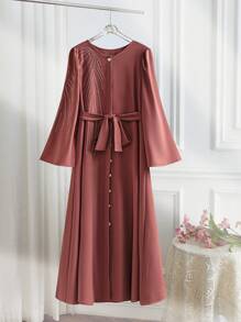 Al Najma Đầm dài tay cổ tròn thắt lưng thanh lịch có cúc phía trước dành cho nữ - Hồng - Xem 1