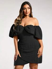 SHEIN BAE Plus Size Women's Textured Puff Plaid Fabric Purple Summer Sweet Party Elegant Puff Sleeve Short Dress